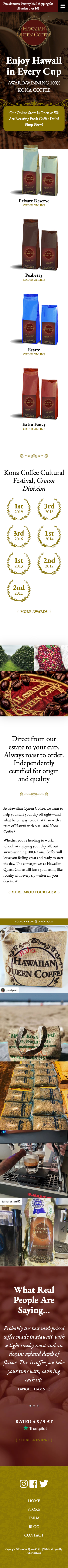 Mobile web design of Hawaiian Queen Coffee
